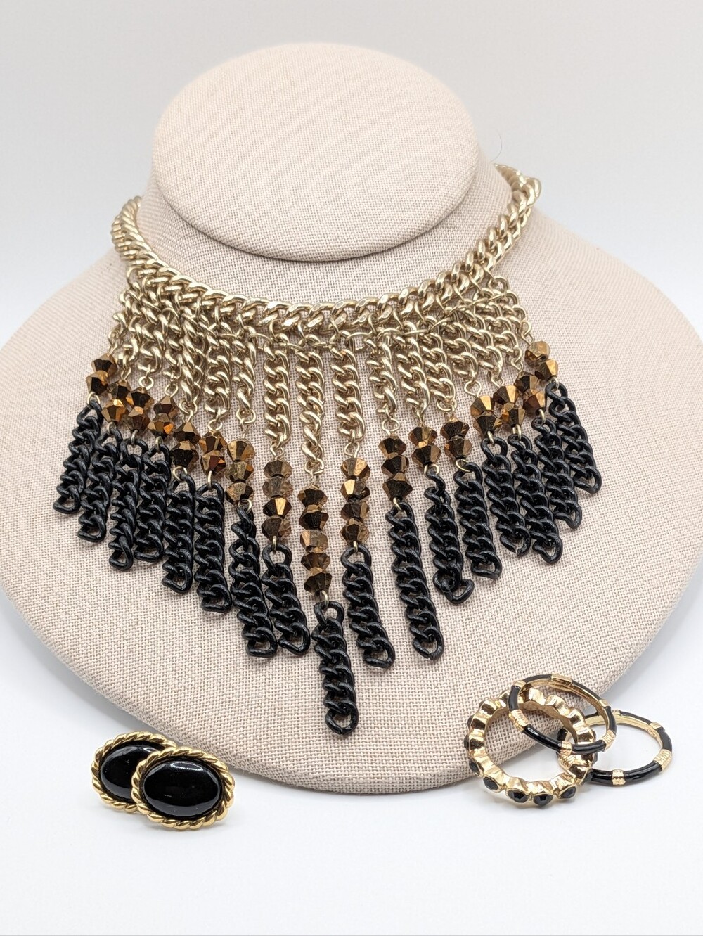 Black & Gold Statement Bib Necklace Set • Necklace, Earrings & Stack Rings